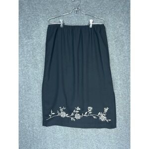 Vintage Y2K Midi Skirt Womens L Black Floral embroidered Side Slit Stretch 90s